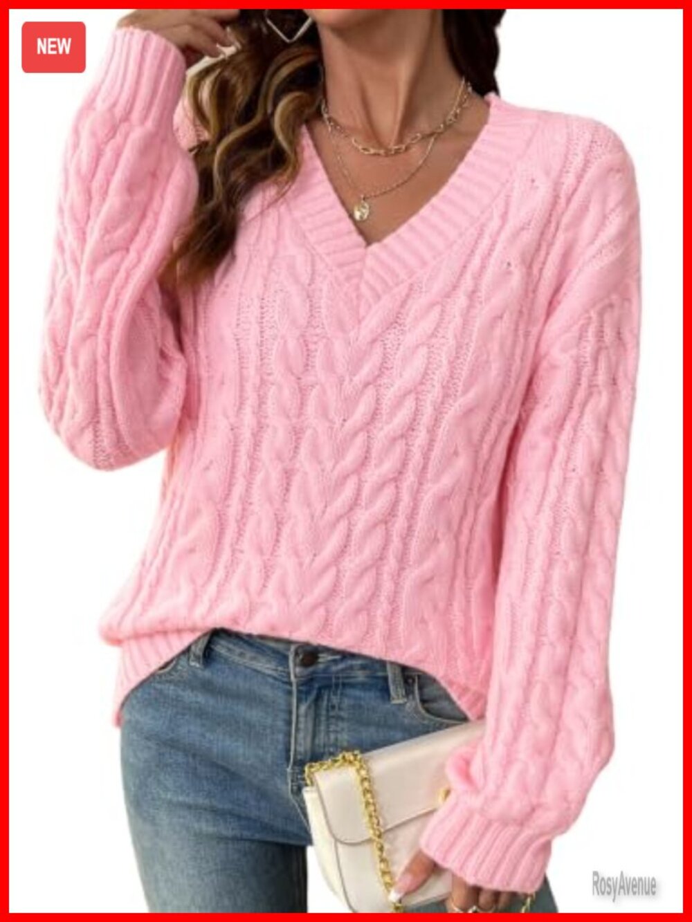 Womens V Neck Cable Knit Sweater Oversized Pullover